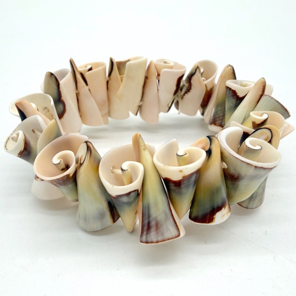 Vintage Natural Shell Coil Stretch Bracelet Tropical Statement Jewelry